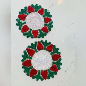 Strawberry Crocheted Doilies Handmade Set Of (2) 14” Minor Wear READ.